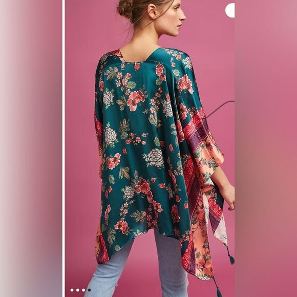 Anthropologie Kachel Jade bordered floral silk satin kimono - Picture 2 of 9